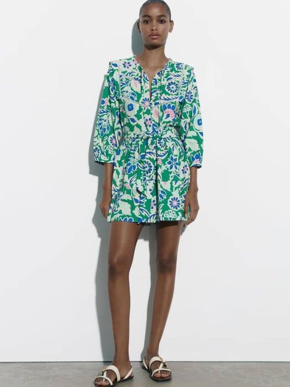 Zara Floral Shirt Dress Mini Size M Green Linen blend